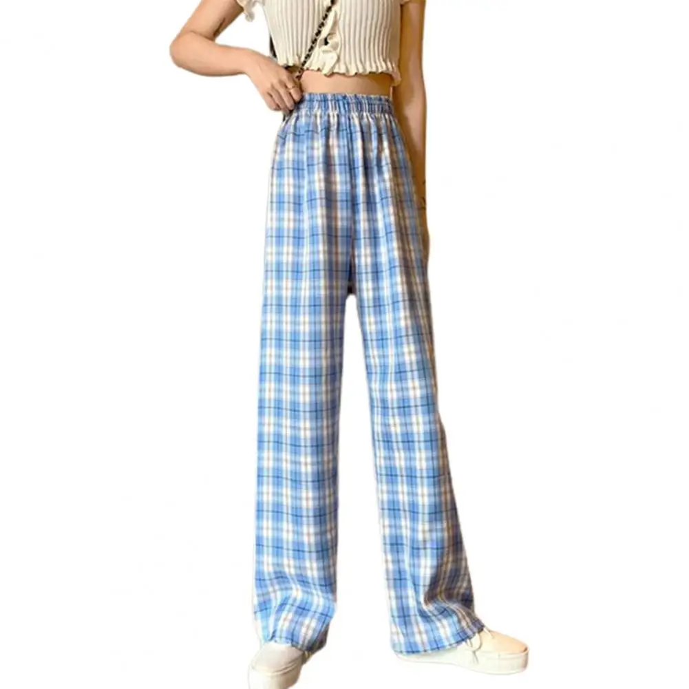 Women Pants High Waist Breathable Trousers Elastic Straight Plaid Pants for Daily Wear