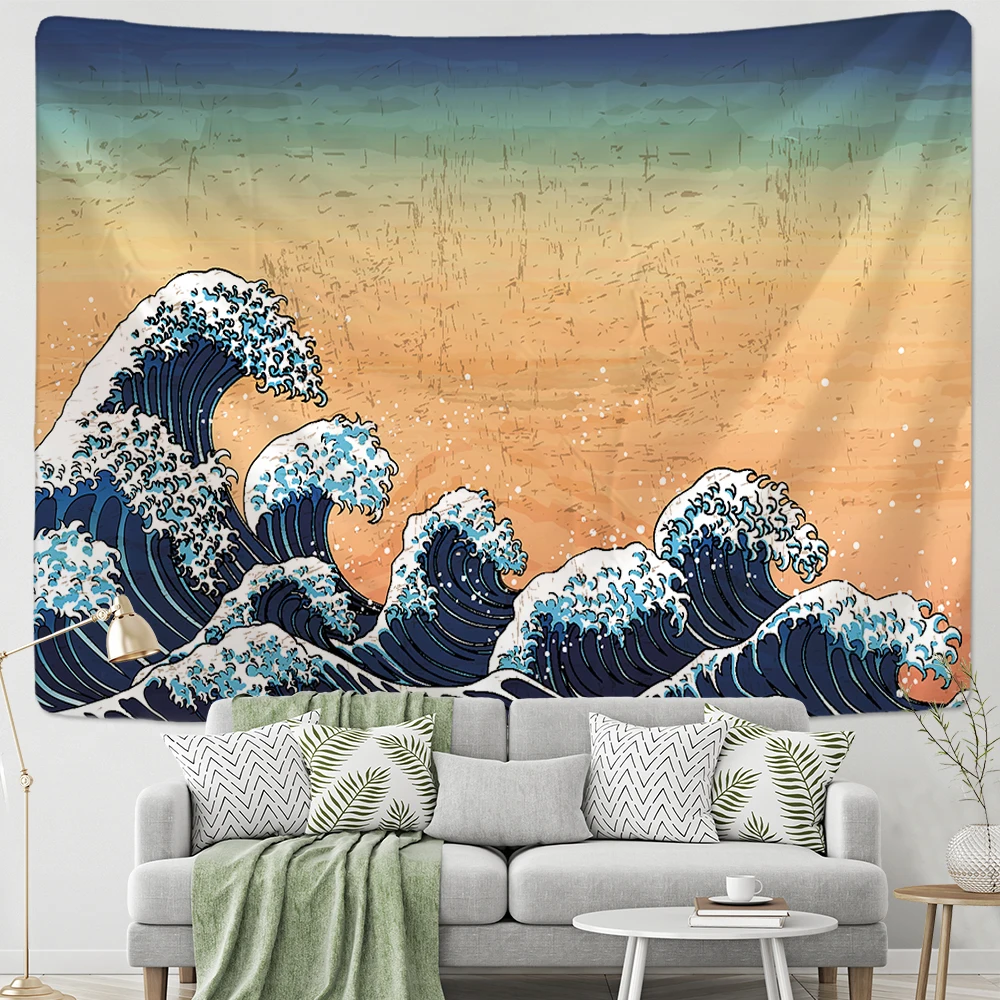 Japan Kanagawa Waves Printed Hanging Tapestry Sun Wall Hanging Tapestries Boho Bedspread Yoga Mat Blanket