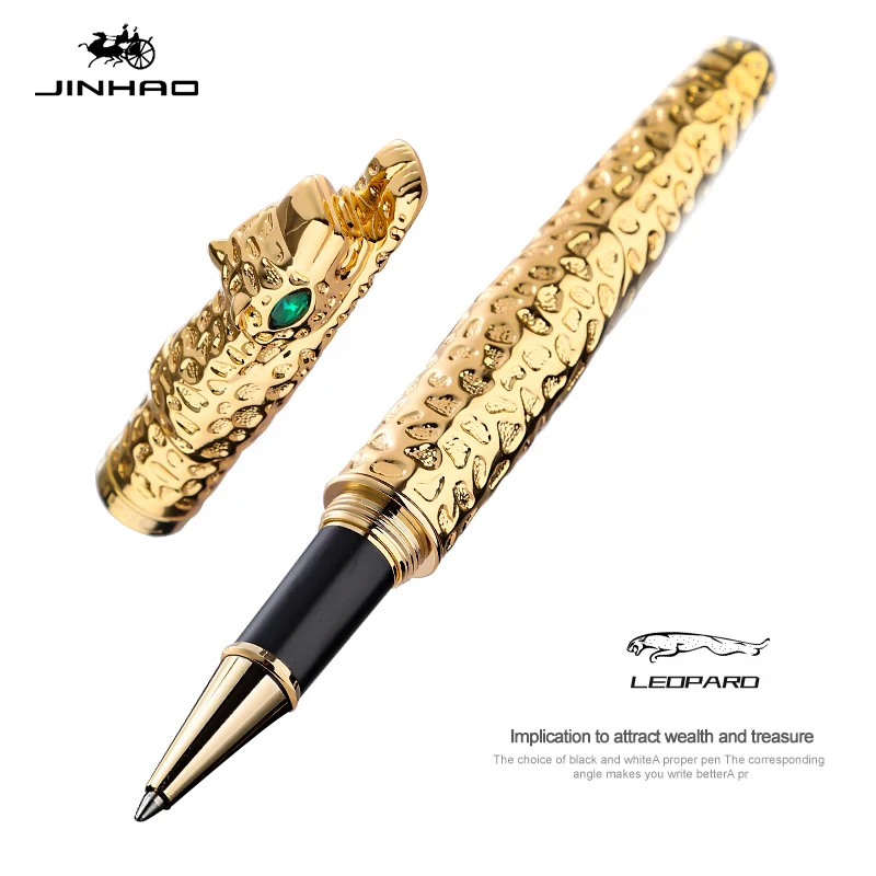 

JINHAO Vintage All Metal Ancient Silver Leopard Rollerball Pen Luxury Green Crystal Eyes Practice Pen Office Supplies