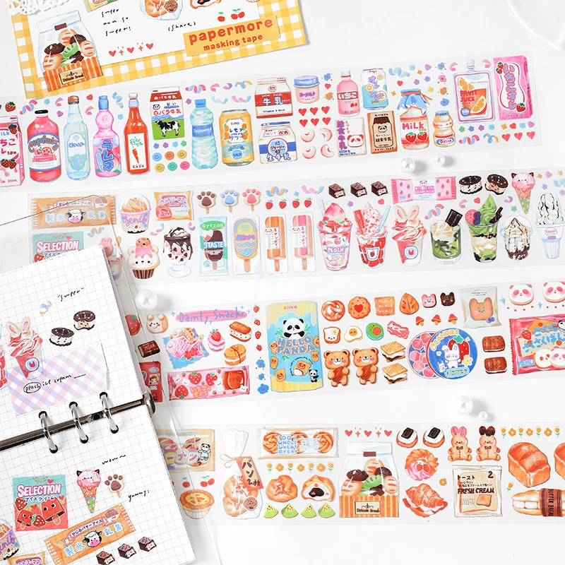 MOHAMM 1 Sheet PET Waterproof Sweet Shop Cute Cartoon Snack Ice Cream Strip Masking Tape for DIY Scrapbooking Making Card Diary