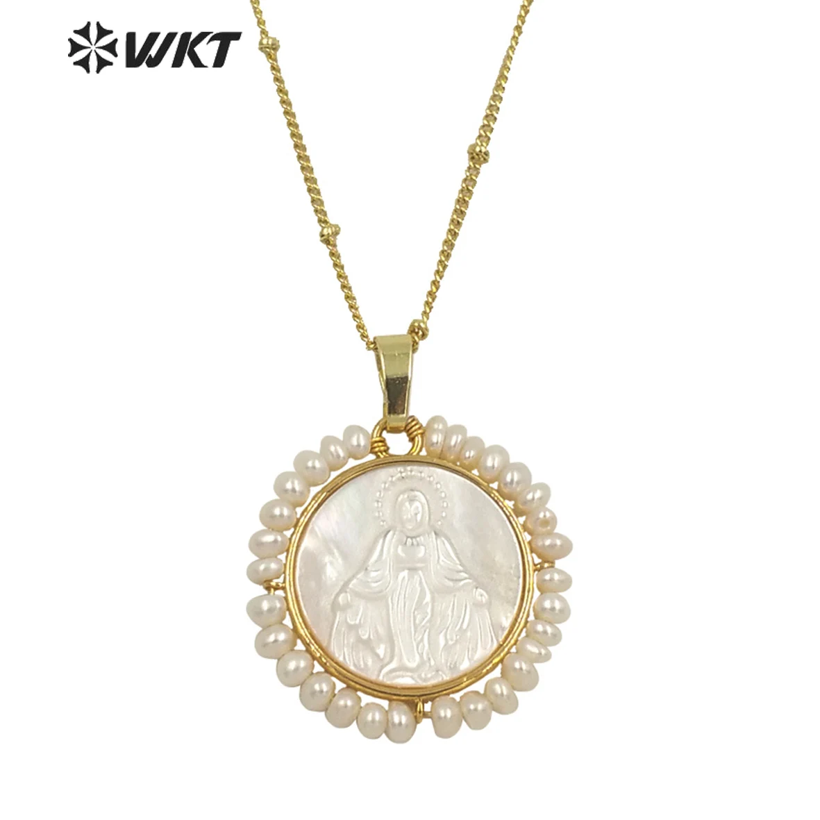 WT-JN154 WKT Newest Fashion gold wire wrapped tiny pearl decorative Round mother of pearl shell Virgina Mary necklace