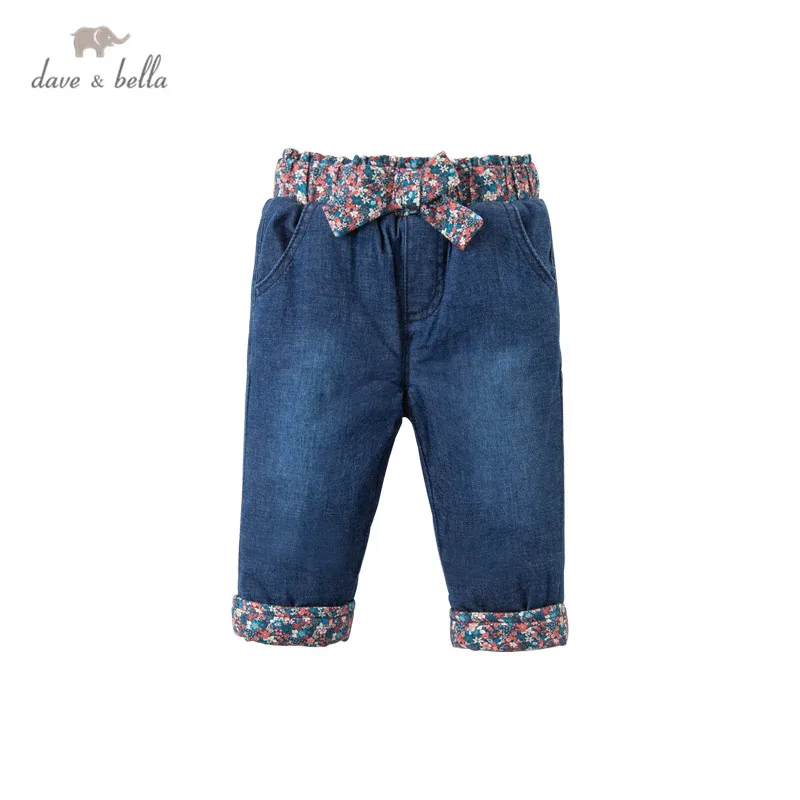 DB16326 dave bella winter baby girls fashion bow floral padded pants children full length kids pants infant toddler trousers