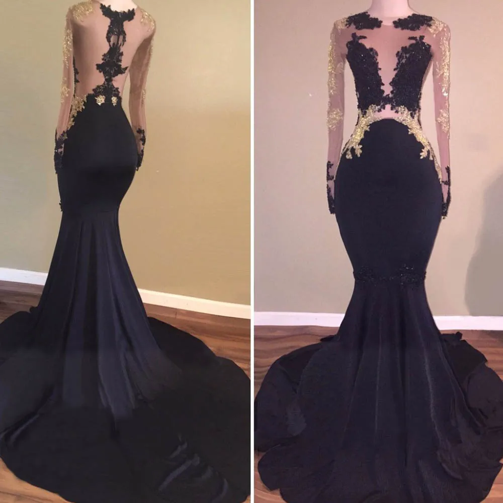 New Black Prom Dresses Mermaid Long Sleeves See Through Lace Beaded Party Maxys Long Prom Gown Evening Dresses Robe De Soiree