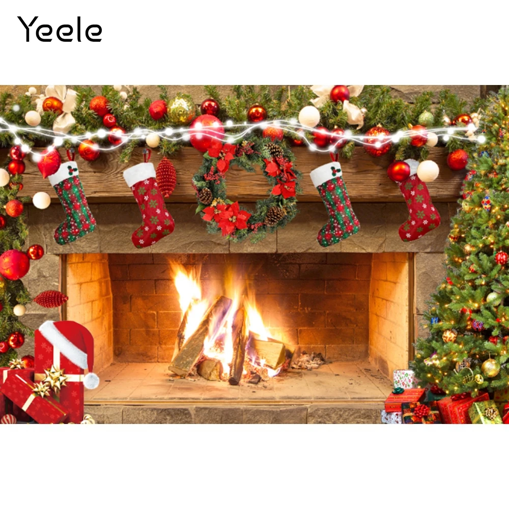 Фон для фотосъемки с изображением камина и рождественских носков