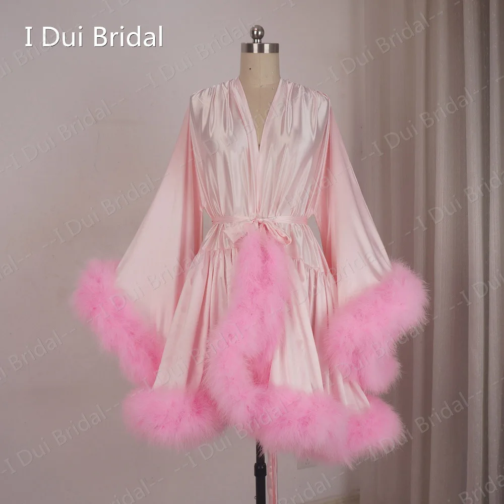 Short Satin Marabou Robe Bachelorette Dress Long Sleeve Night Masquerade Dance Dress Homecoming Wedding Gift Boudoir Pajamas