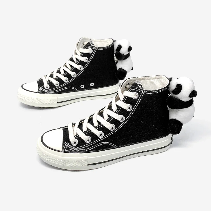 Amy and Michael Lovely Panda Dolls Canvas Shoes Students Women\'s Vulcanized Shoes Fashion Woman Casual High Top Black Sneakers