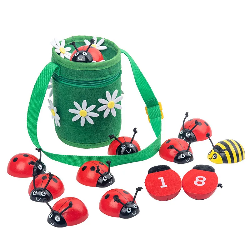 Sac à dos en bois Montessori pour enfant, jouet éducatif pour apprendre à compter les nombres, coccinelle