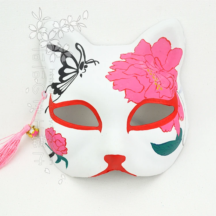 Handmade and Hand-Painted Fox Cat Mask and Wind Performance Anime Cosplay Ball Black Butterfly Pink Peony