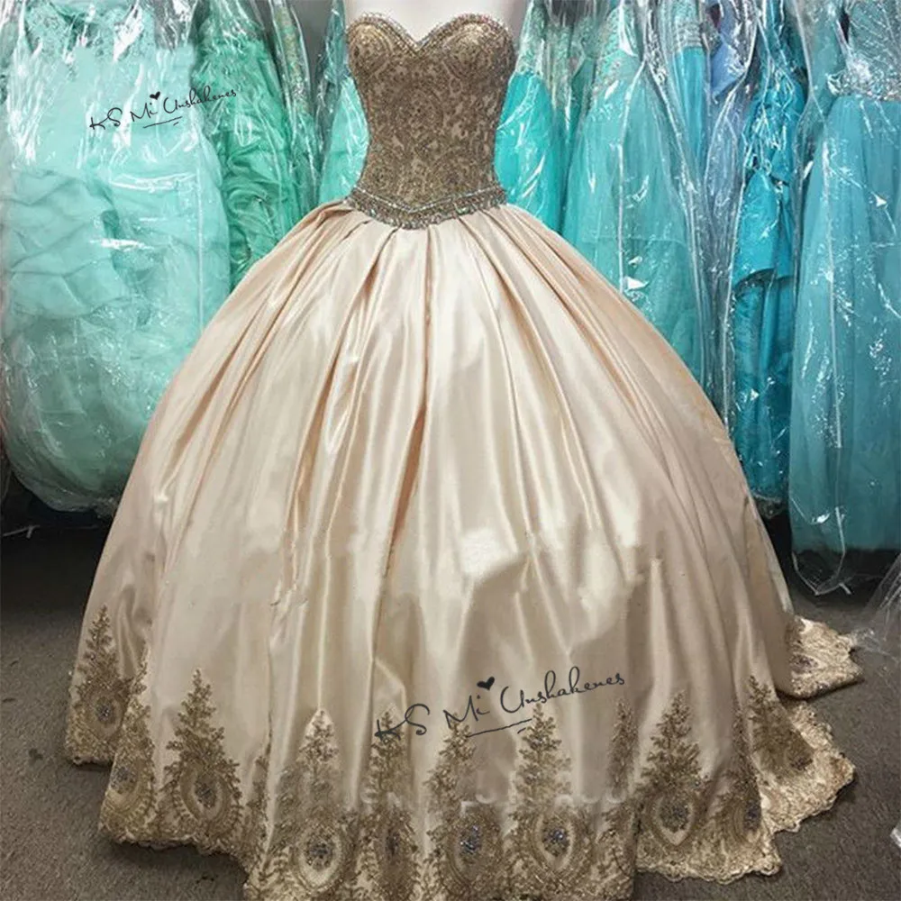 Champagne Gold Günstige Quinceanera Kleider Spitze Kristalle Vestidos de Debütantin Para 15 anos Plus Größe Süße 16 Kleid Maskerade