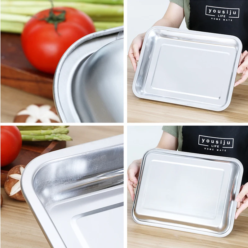 Stainless Steel Square Food Storage Tray Steamed Sausage Bread Baking Pan Shallow Service Trays Kitchen Tools