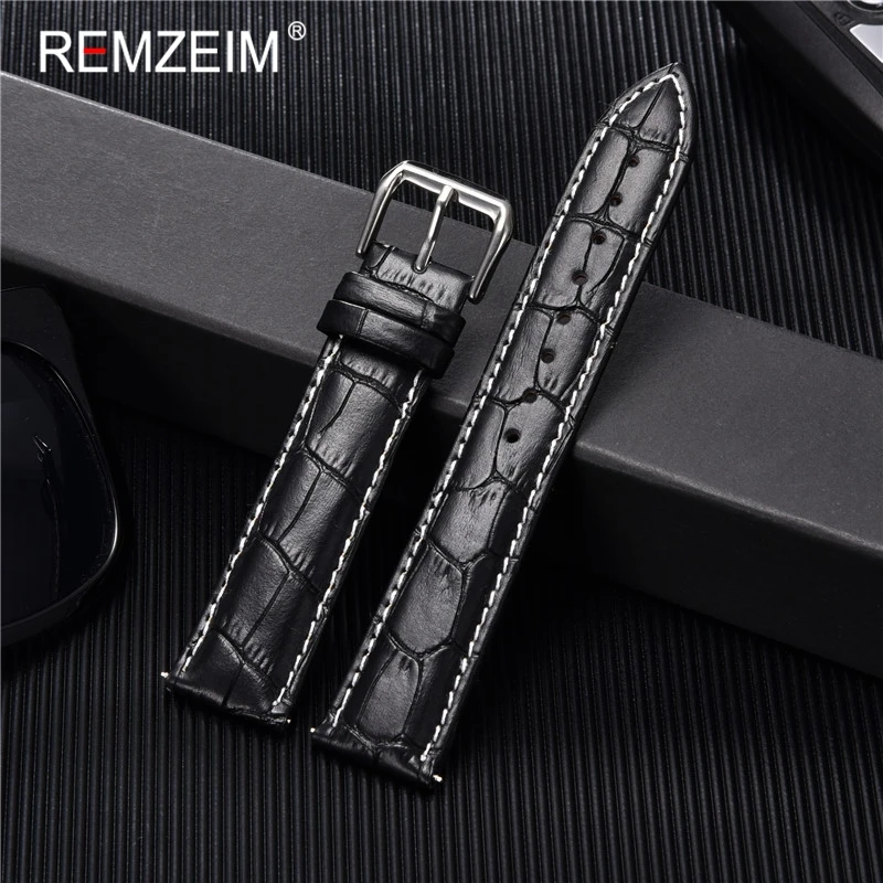 REMZEIM Calfskin Leather Watchband Universal Watch Band Wrist Strap 16mm 18mm 20mm 22mm 24mm With Silver Stainless Steel Buckle