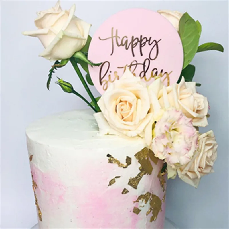New/ Round Happy Birthday Cake Topper Hot Stamping Acrylic Letter Cake Top Flag Decoration for Boy Girl Birthday Party Supplies