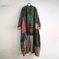 Herfst Stand Lange Mouw Losse Chinese Stijl Katoenen Linnen Trenchcoat Vrouwen Print Bloemen Trench Vintage Jassen