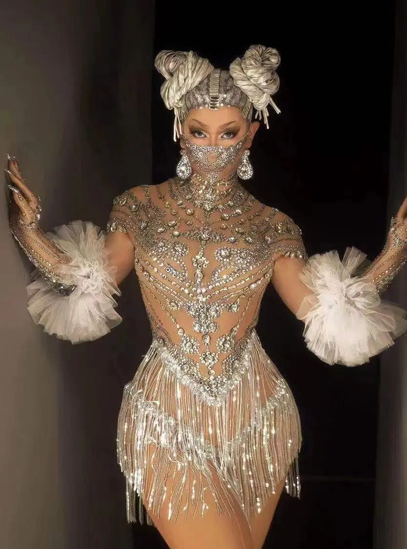 

Rhinestone Tassel Dance Dress Gloves Sexy Mesh Perspective Crystal Leotard Singer Dancer Stage Wear Nightclub Outfit
