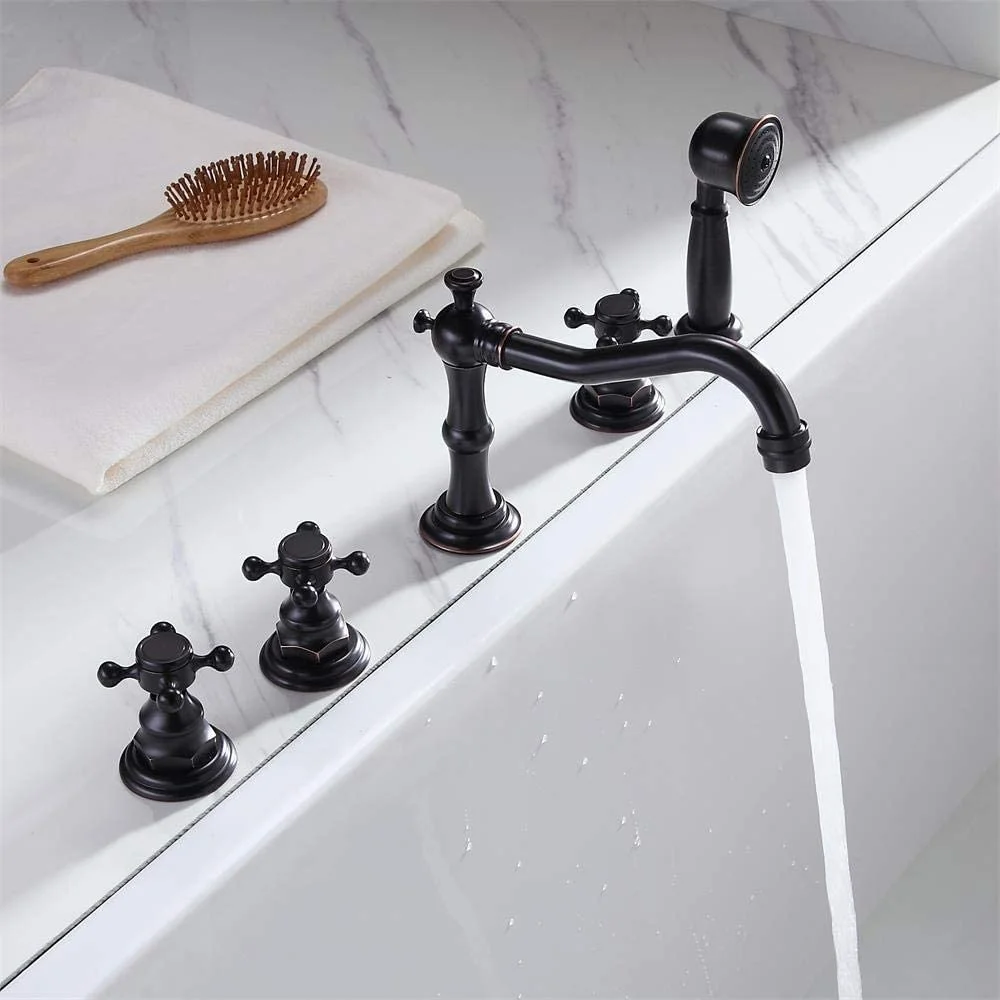 

Black Oil Rubbed Brass Deck Mount Bathroom Bathtub Faucet with Handheld Shower 5pcs Hot and Cold Water Mixer Bath Faucet