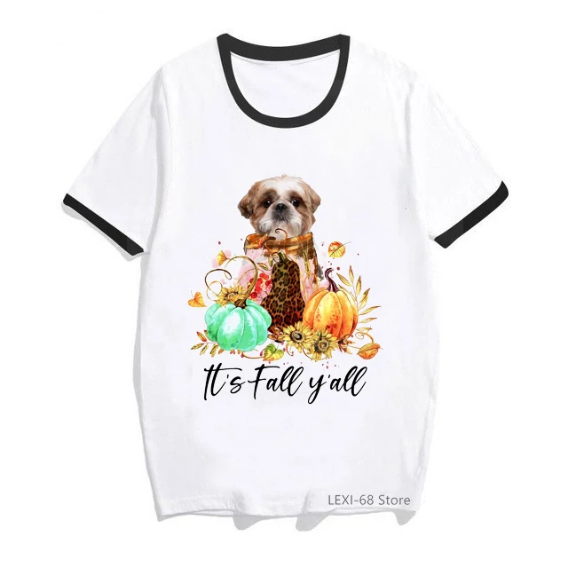 

It'S Fall Yall Graphic Print T-Shirt Women'S Clothing Shih Tzu Adorable Puppy Dog Tshirt Femme Thanksgiving T Shirt Female Tops