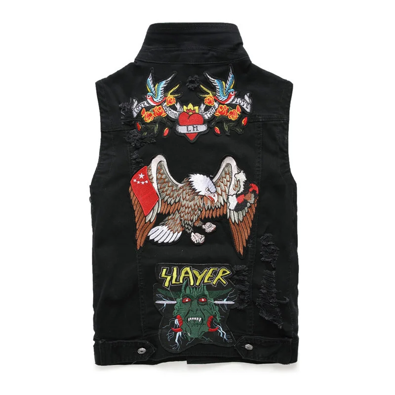 

Denim Mens Vests Fashion Summer Distressed Sleeveless Black Jaqueta Masculina Slim Fit Embroidery Flower Casual Jeans Vest