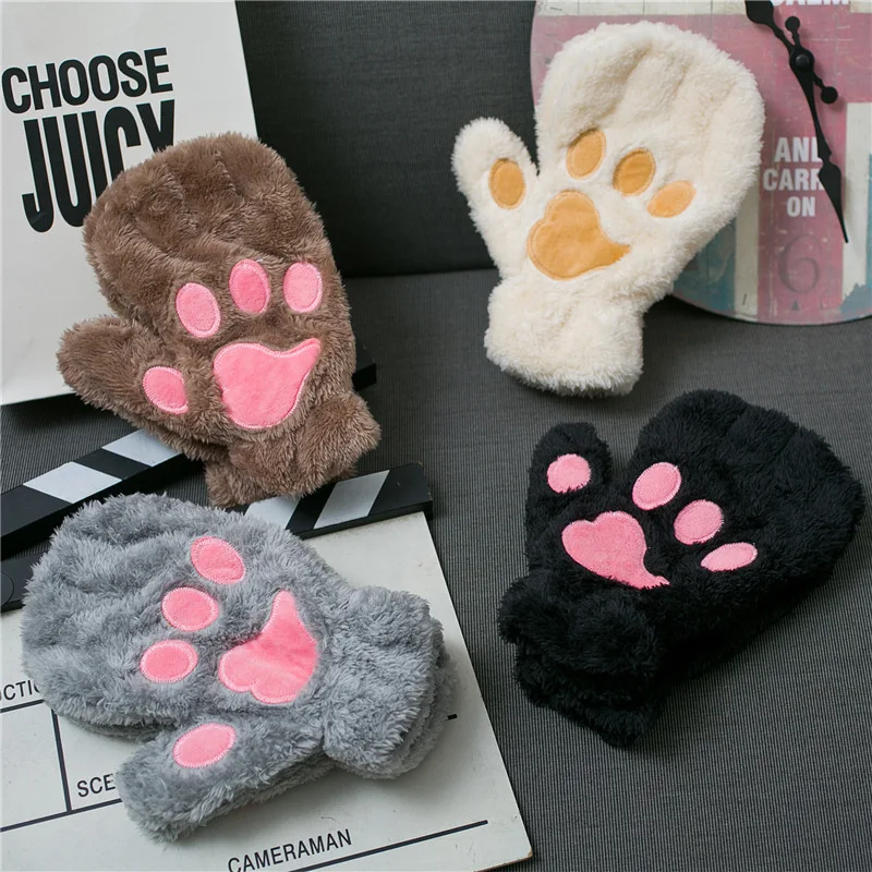 Cat\'s paw cute plush thickened mittens winter female fleece full finger plus velvet Korean version of furry Japanese soft girl