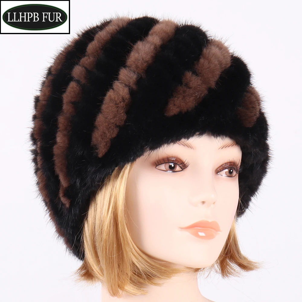 

winter womens mink fur hats natural real fur knitted cap fashionable fluffy ladies genuine fur beanie female black fur caps