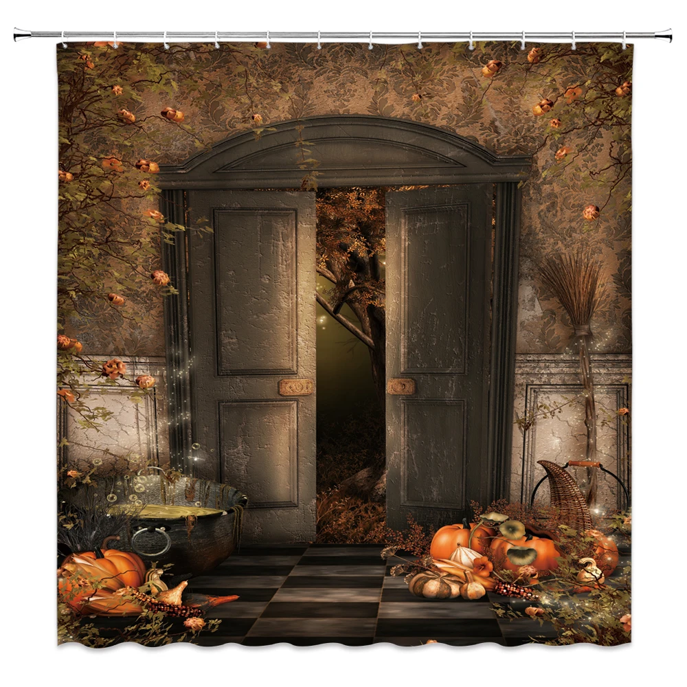 Halloween Shower Curtains Witch House Dilapidated Door Pumpkin Flower Plant Vine Holiday Themed Bathroom Decor Cloth Curtain Set