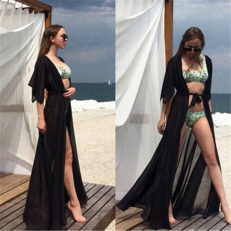 New Women Beach Cover Up Sexy Bikini Chiffon Long Dress For Women Solid Beach Dress Women Summer Bathing Suit Beach Tunic Kaftan