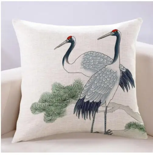 New Chinese Classical Crane Pillowcase, Chinese Style Mahogany Sofa, Living Room, Tea House, Large Linen Cushion Cover