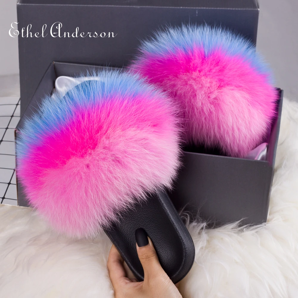 2021 Women's  Fox Raccon Fur Slippers Female Shoes Cute Plush FluffySandals Hot Lady's Fur Slippers Warm Slipper For Fashionable