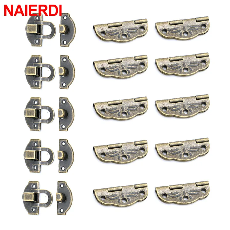 NAIERDI 10PCS Antique Bronze Hinges Cabinet Mini Hinge + 5PCS Small Antique Metal Hasps Lock For Jewelry Storage Wood Box