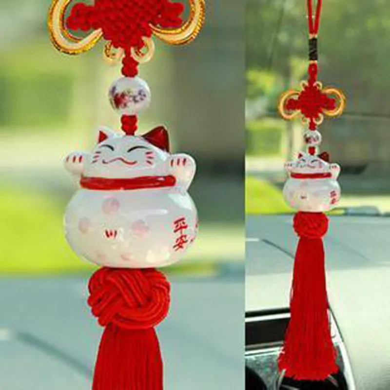 Ceramic Lucky Cat Car Pendant Cute Smiling Face Hanging Ornament Peace Good Fortune Decor