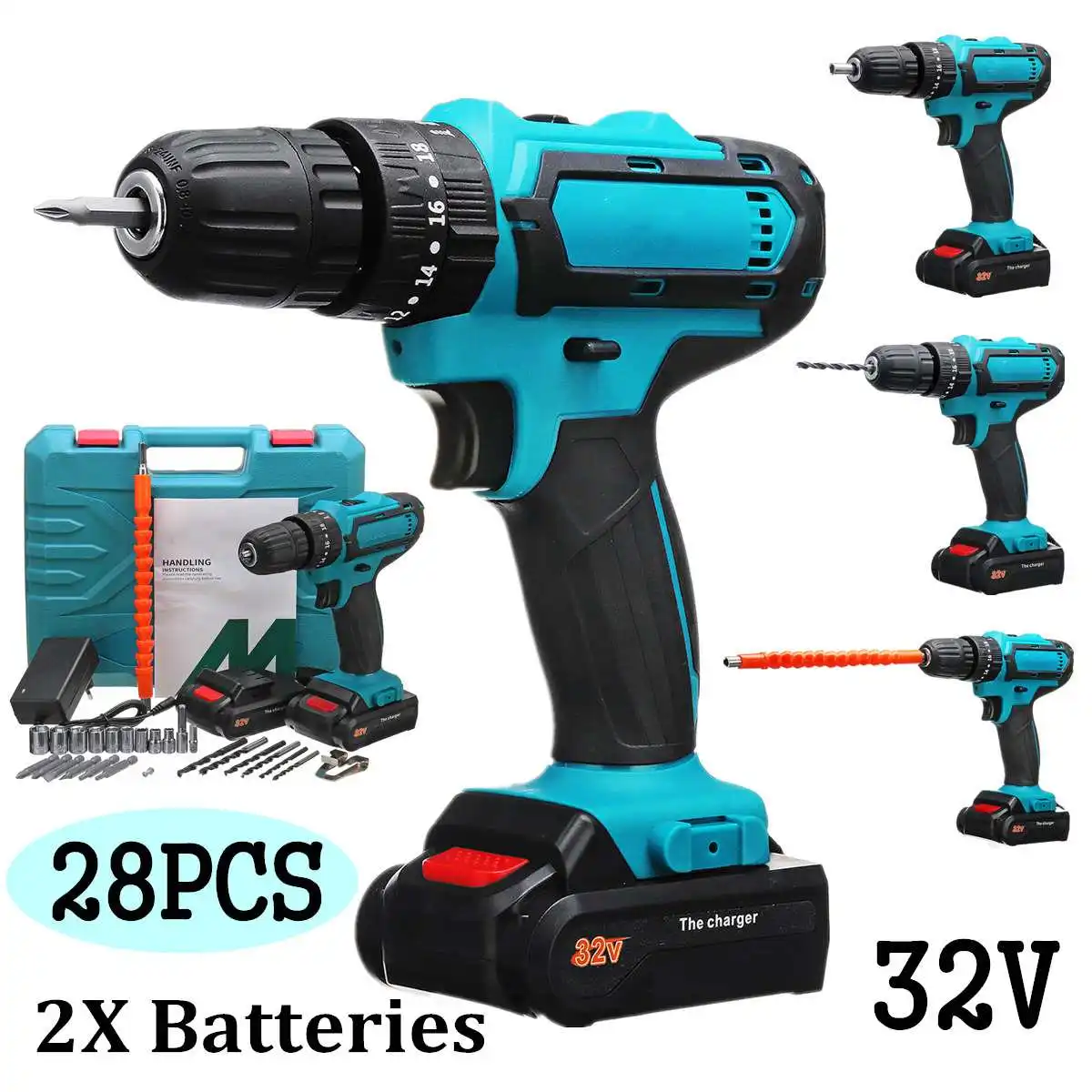 Electric Drill Cordless Drill 32V 2 Speed 3 IN1 Electric Screwdriver Hammer Power Driver with 1 Lithium-Ion Battery Power Tool