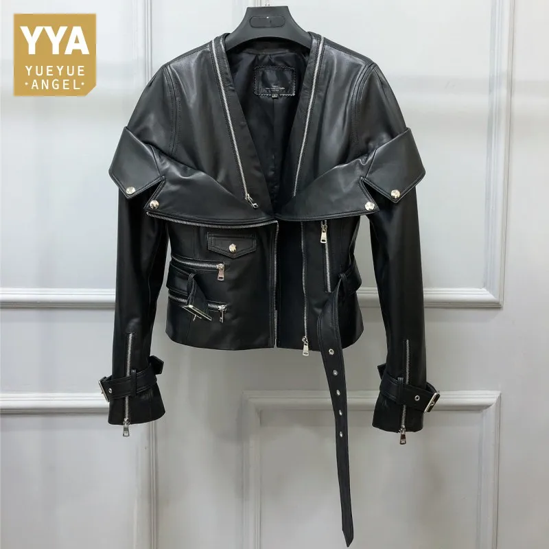 

Designer Motorcycle Biker Jacket Female Slim Sashes Sheepskin Real Leather Short Coat Streetwear Punk Black Zipper Outerwear