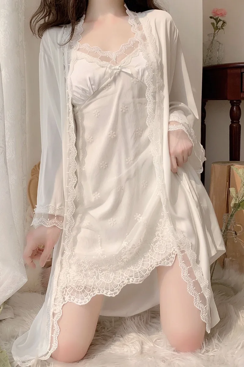 Pyjama de Style japonais doux pour filles, robe de nuit Sexy en dentelle avec ruban sur la poitrine, Cardigan blanc, costume d'été pour femmes