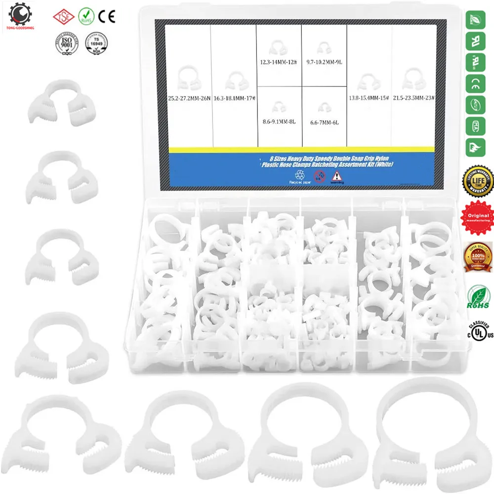 8 Size Heavy Duty White Double Gripping Nylon Hose Clamps Set,6.6-27.2mm Snap Ratcheting Clamps Assortment Kit Strap Clamps