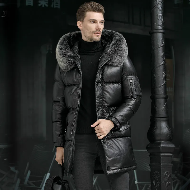 Men Winter 95% White Duck Down Jacket Cowhide Genuine Leather Men's Down Long Coat Real Fox Fur Collar -40 Degree Keep Warm 5XL