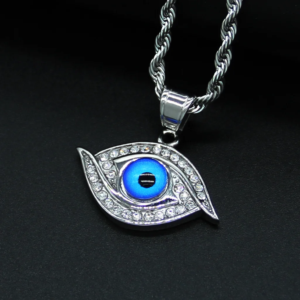 

Hip Hop Iced Out Bling Evil Eye Pendant & Chain Silver Color Stainless Steel Eye Necklace For Women Men Turkish Jewelry