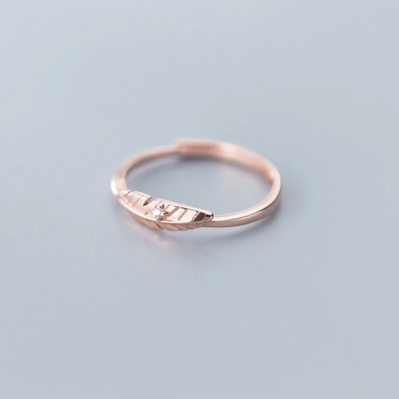 MloveAcc 100% 925 Sterling Silver Rose Gold Color Fashion Jewelry Feather Cocktail Ring Size Adjustable for Women Girls Kids