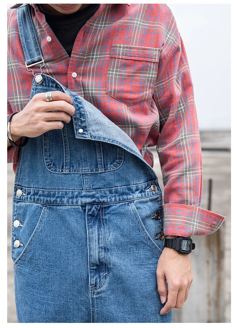 Herren Plus Size Denim Latzhose Klassische Cargo-Jeans mit Großen Taschen Lose Arbeitslatzhose Trägerhose Dunkel- und Hellblau – Detail 18