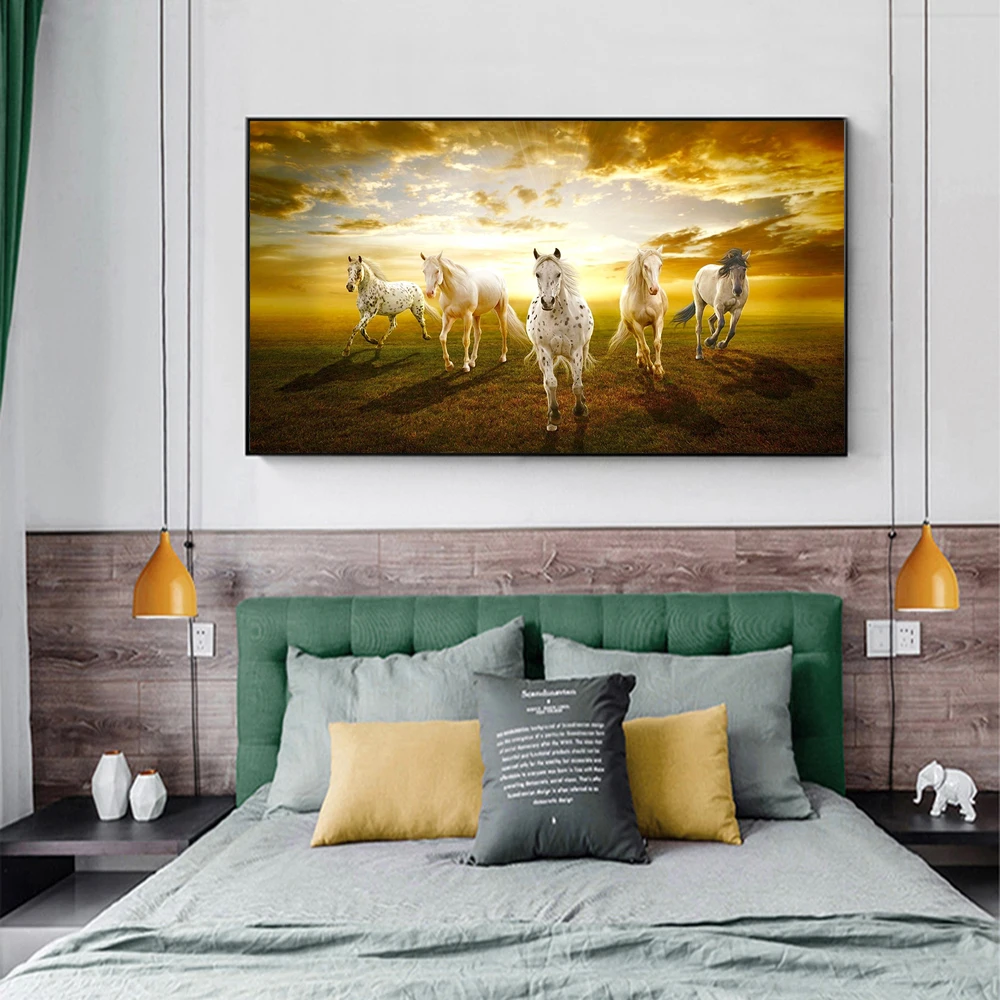 Seven Horses Running on the Grassground Canvas Paintings On the Wall Art Posters and Prints Animals Sunset Pictures Home Decor