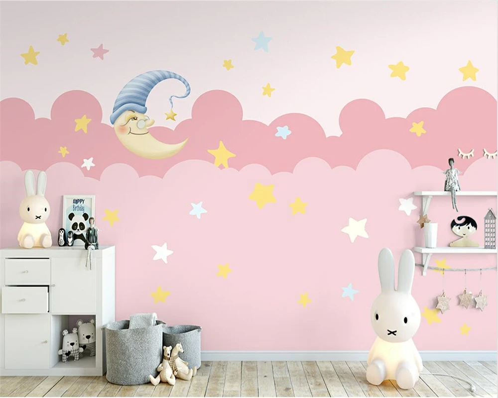 

beibehang Custom modern new hand-painted moon starry sky pink children's room background wallpaper wall papers home decor