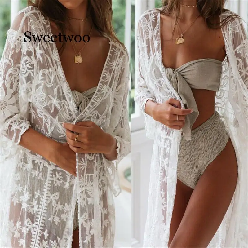 

2020 Sexy Summer Women Three Quarter Floral Lace Crochet Kimono Swimwear Cardigan Bikini Cover Up Wrap Beachwear Long Cover-Ups