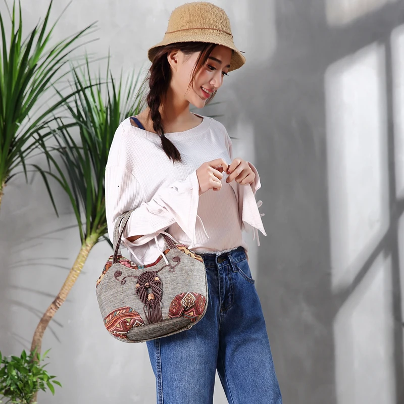 Women Linen Casual Handbag High Quality Travel Shoulder Bag Shopper Tote Purse Female Large Capacity National Design Bolso Mujer