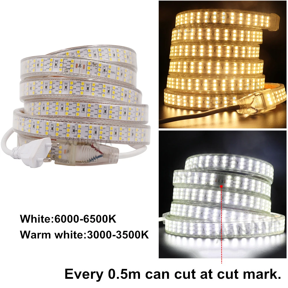 220V 110V LED 스트립 3 행 264 276Led/m SMD 2835 유연한 리본 LED 조명 램프 야외 장식에 대 한 방수