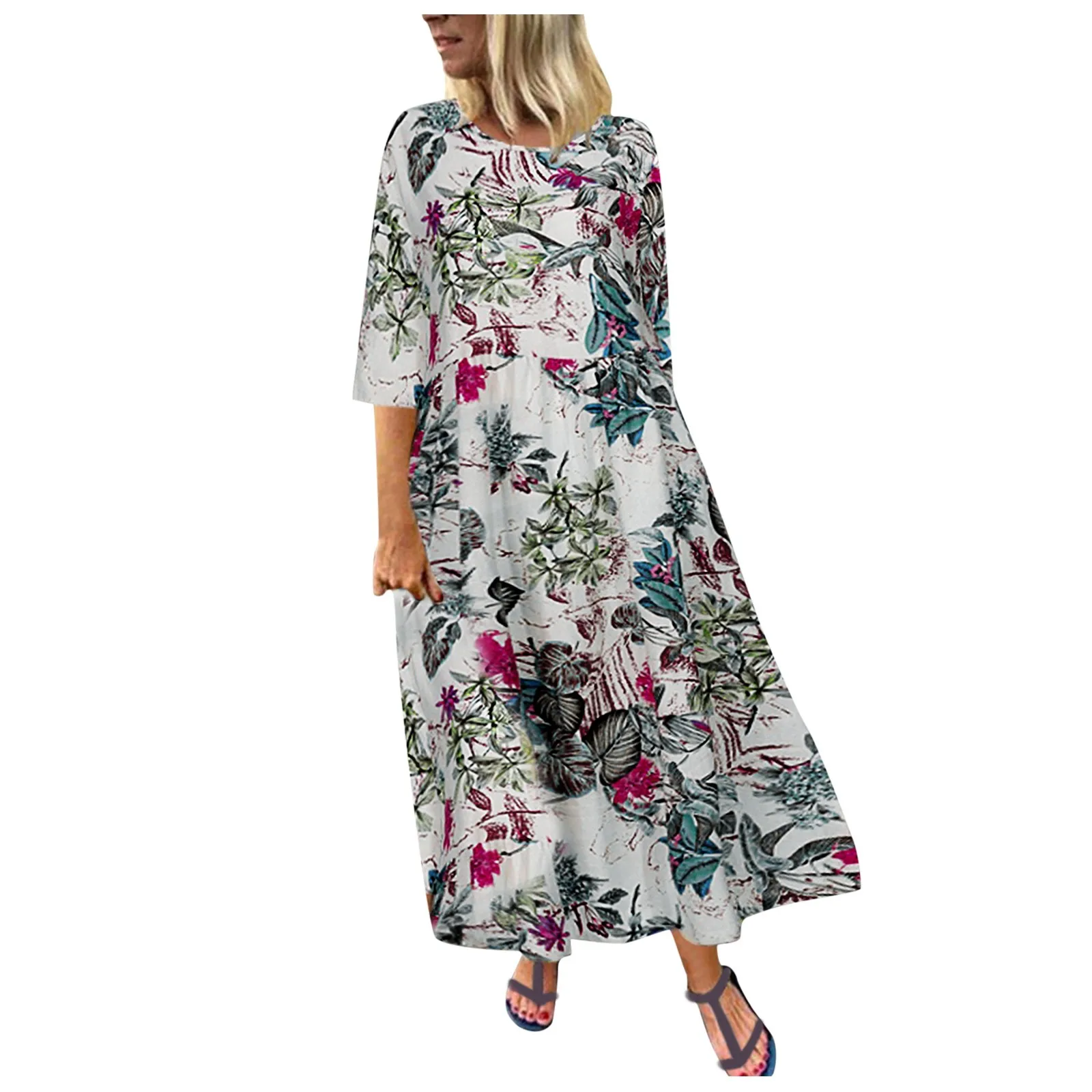 

2021 Fashion Long Dress Women Casual 3/4 Sleeve Floral Printed Sundress Holiday Bohemian Loose Maxi Dress vestiti donna vestido