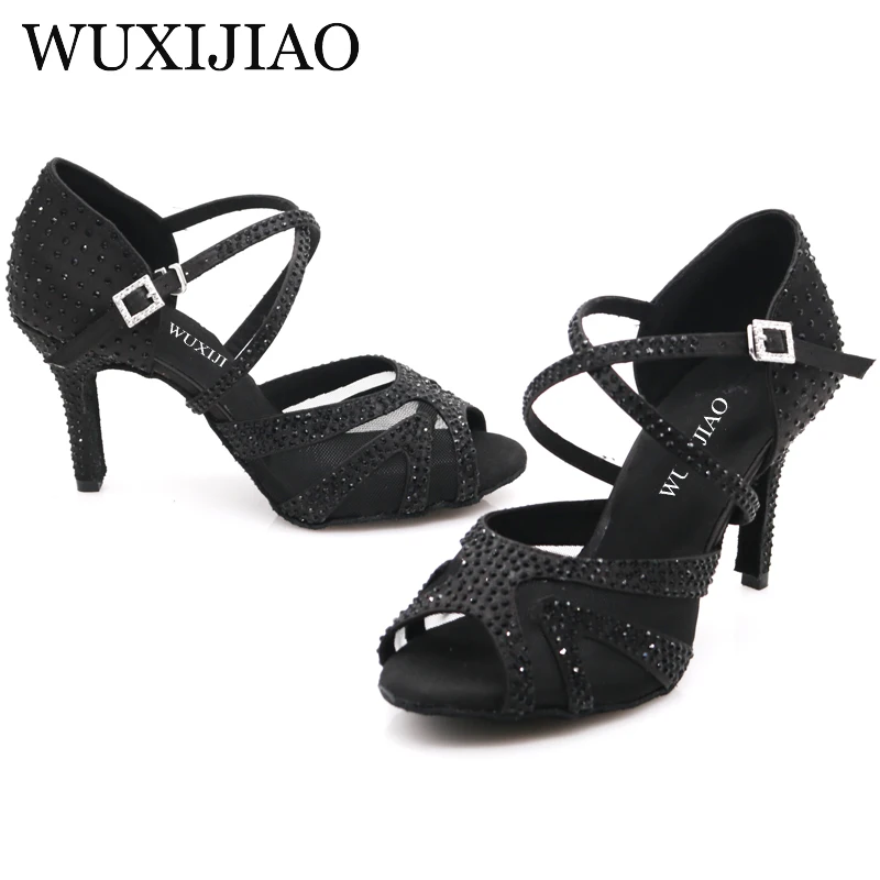 WUXIJIAO Women's shoes jazz sneakers high heel black rhinestone dance shoes Latin dance shoes