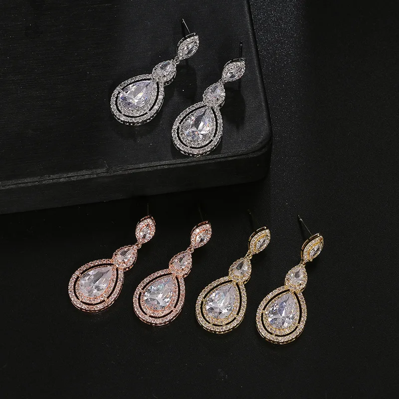 Ekopde Fashion Shiny Zircon Earrings For Women Geometric CZ Crystal Teardrop Earrings Bridal Wedding Jewelry Kolczyki Pendientes