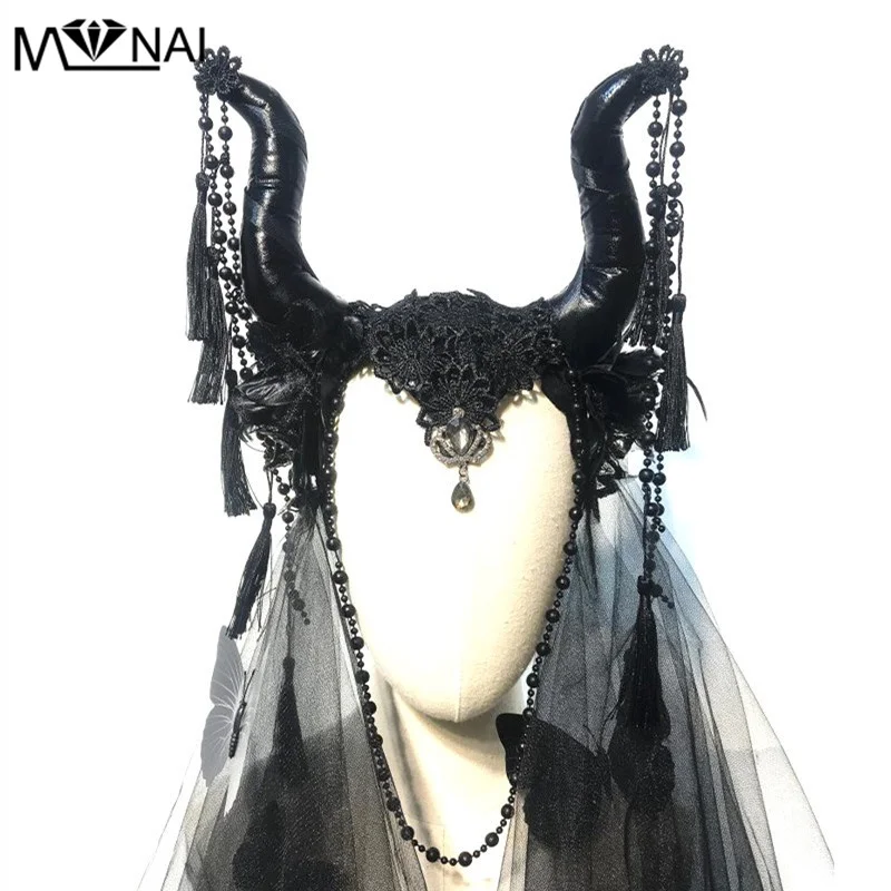 Lolita Ox Horns Headbands Faux Leather Soft Horns Headdress Handmade Beads Chain Tassel Hair Hoop Masquerade