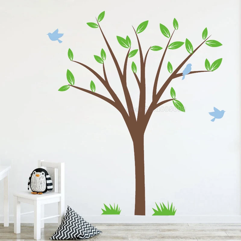 

Nursery Wall Decal Tree With Flying Birds And Grass Wall Stickers For Childrens Kids Bedroom Wall Vinyl Tree Decoration LL2462