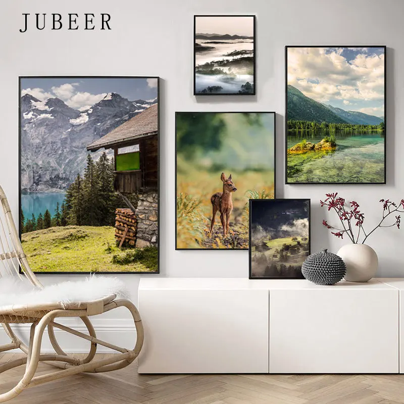 

Nordic Style Landscape Poster Lake Wall Art Fog Picture Mountain Forest Canvas Painting Modular Pictures Living Room Decoration