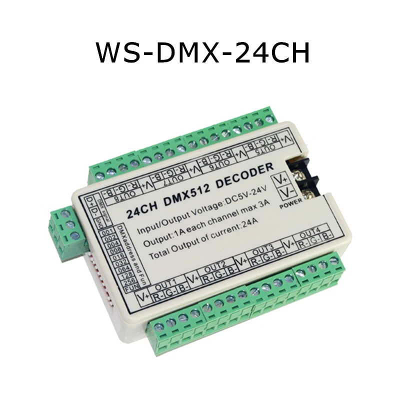 

DC5V-24V 24CH dmx512 decoder 24 channel 8 group 1A each channel max3A led 24 channel dmx Controller WS-DMX-24CH