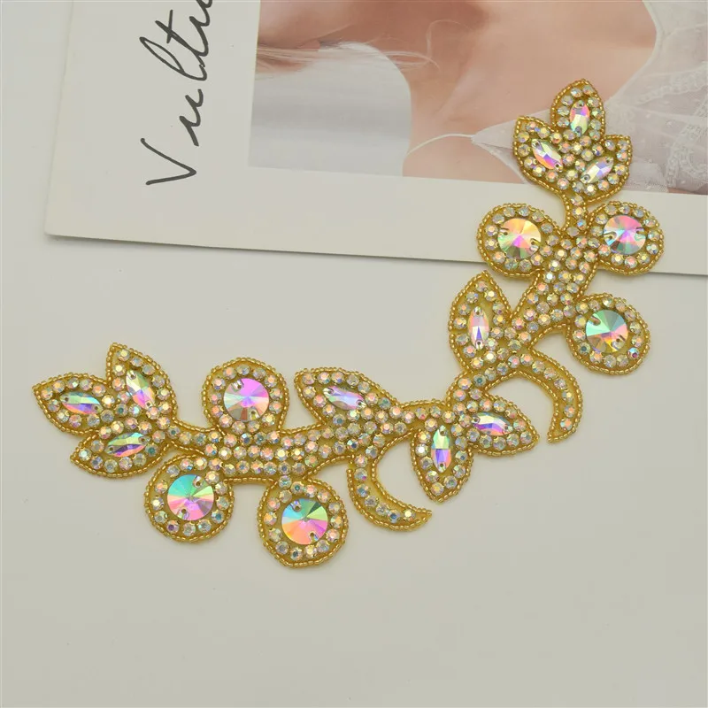 2pcs Handmade Crystal Beaded Rhinestone Applique Sew/Iron on  for  Shoulder Trim for wedding dress